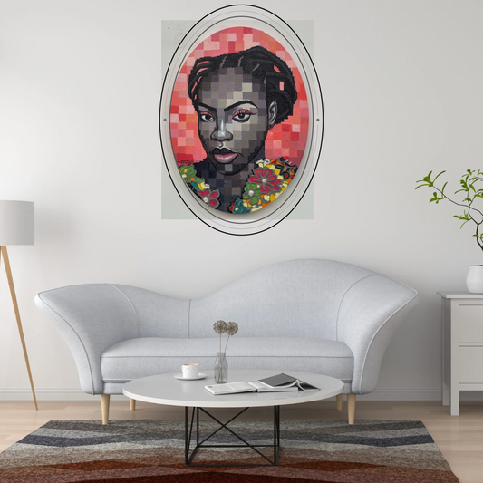 A Quiet Bloom III mixed media painting by Olamilekan Okunade displayed in an oval frame on a grey wall in a modern living room with a white sofa and round coffee table