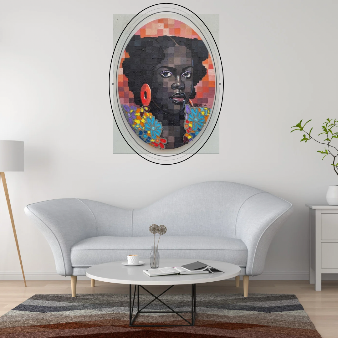 A Quiet Bloom VI mixed media painting by Olamilekan Okunade displayed in an oval frame on a grey wall in a modern living room with a white sofa and round coffee table