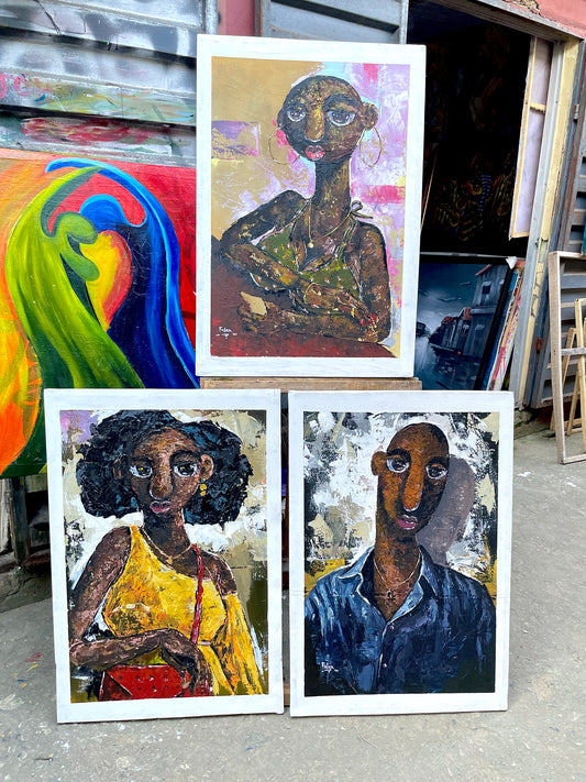 Less Human 3-panel triptych set acrylic on canvas by Nigerian artist Falex exploring humanity
