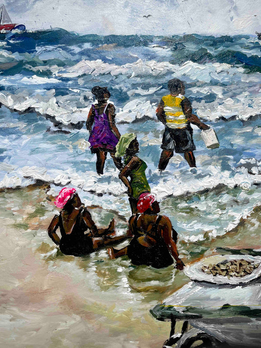 Confirmation acrylic on canvas by Nigerian artist Falex depicting people at a beach shore with crashing waves, contemporary African art