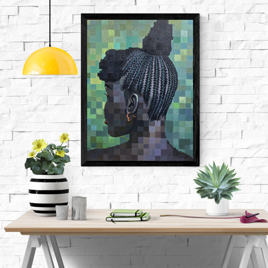 Crown of Union IV painting by Olamilekan Okunade displayed in a black frame on a white brick wall above a wooden table with decorative plants and a yellow pendant lamp