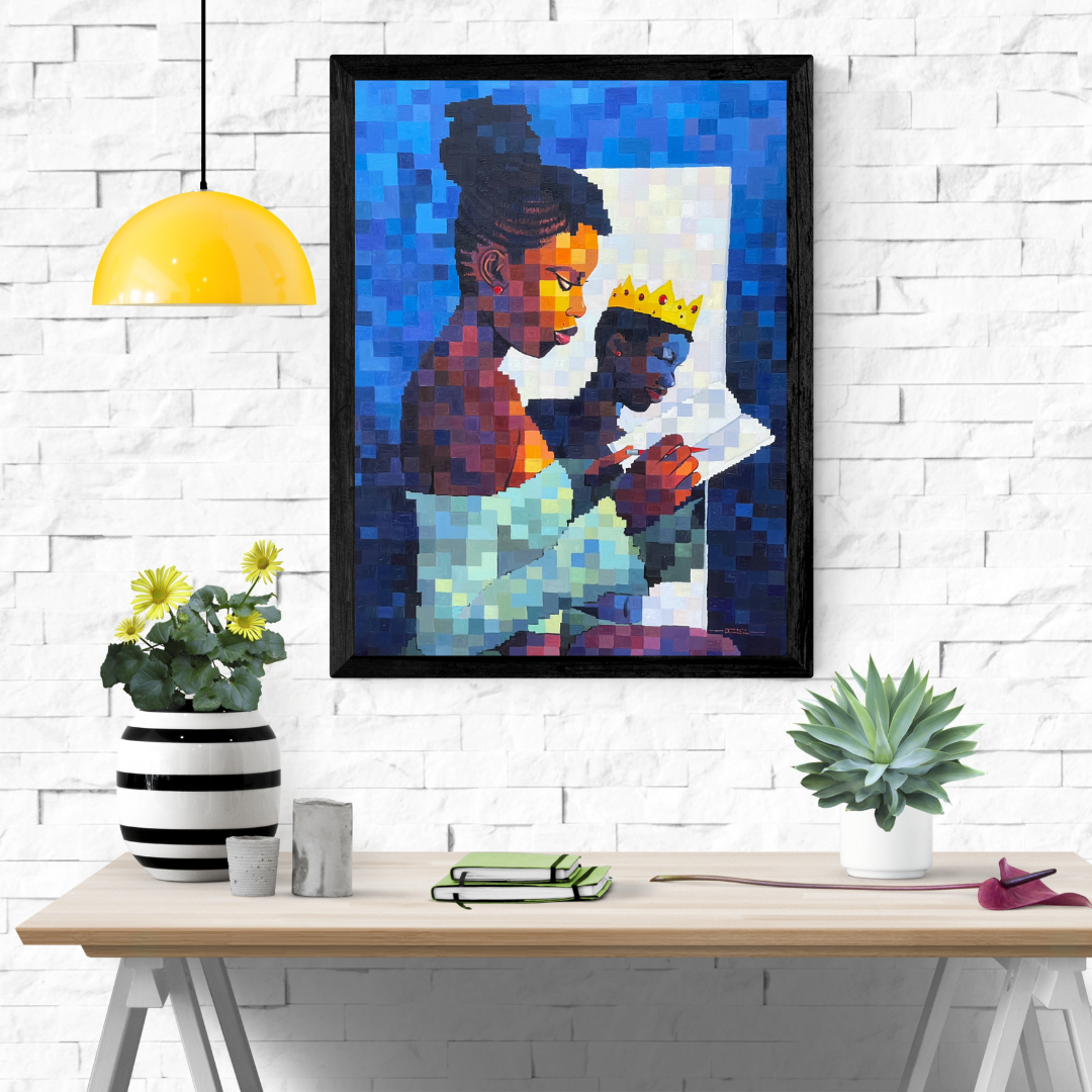 The one Who Paints Her Future II painting by Olamilekan Okunade displayed in a black frame on a white brick wall above a wooden table with decorative plants and a yellow pendant lamp