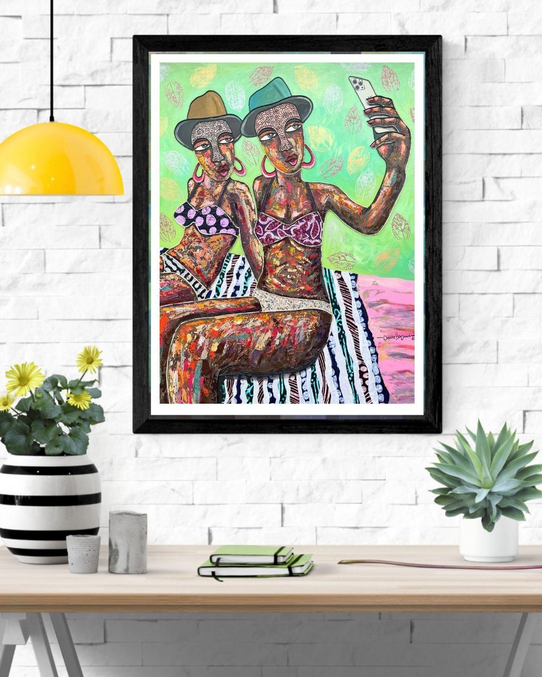 Selfie Baddies by Benjamin Omoike. African Living Room Art. Original Mixed Media art by Benjamin Omoike.
