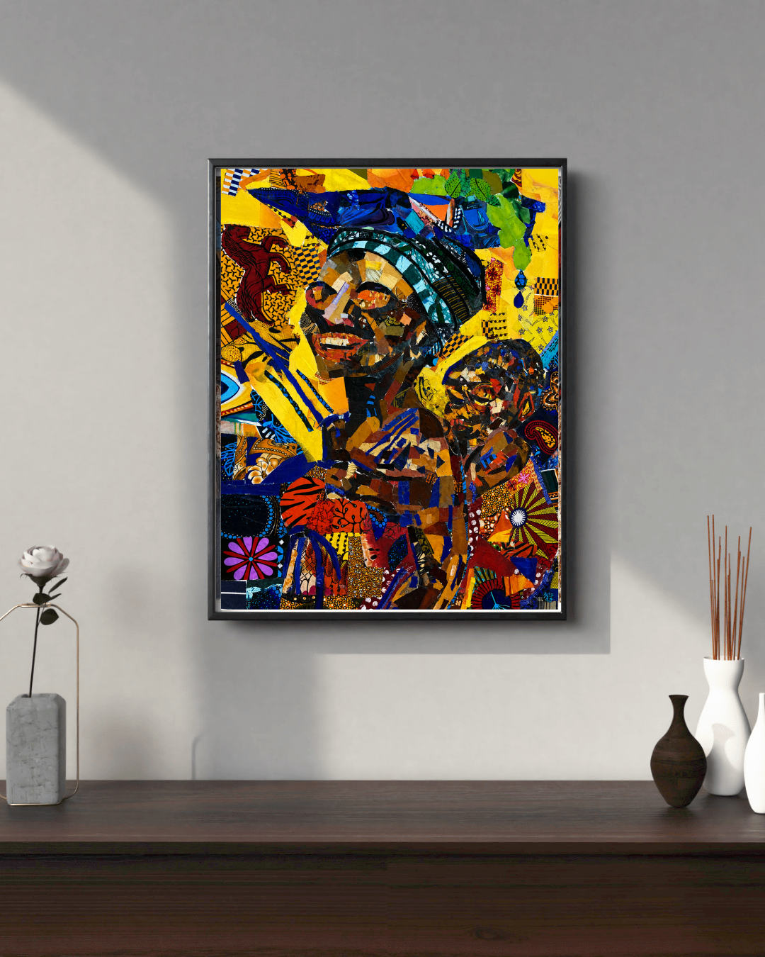 Abiyamo (Motherhood)— African Abstract Wall Art, Original Fabric on Canvas Artwork by Don Saladin Generis