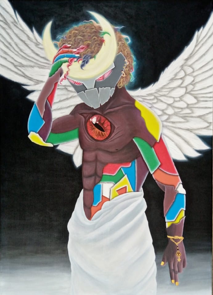 Guardian of Consciousness acrylic and charcoal on canvas by Nigerian artist Xavier contemporary African art
