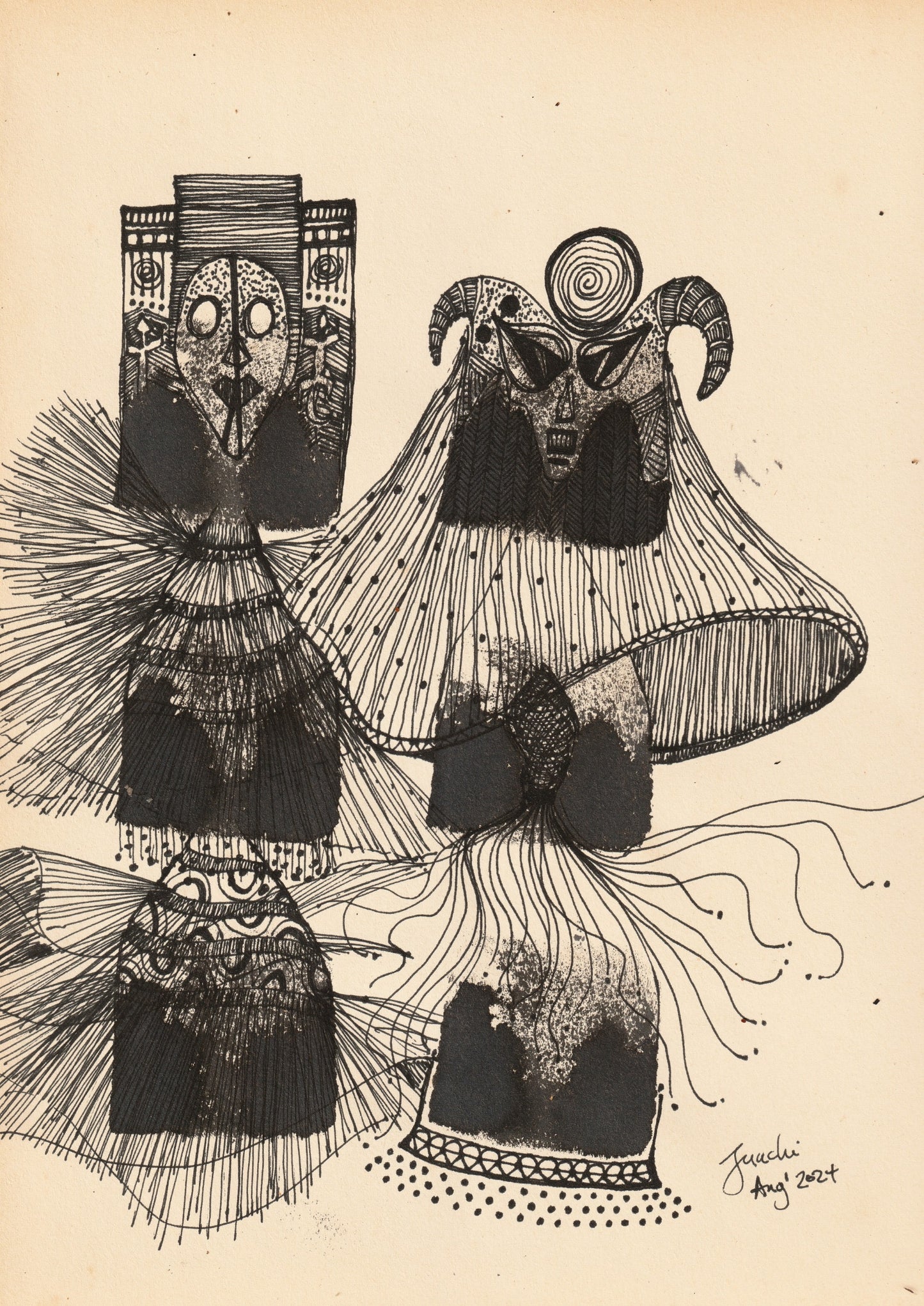 Mmanwu Anyasi ink on paper by Nigerian artist Juachi contemporary African art