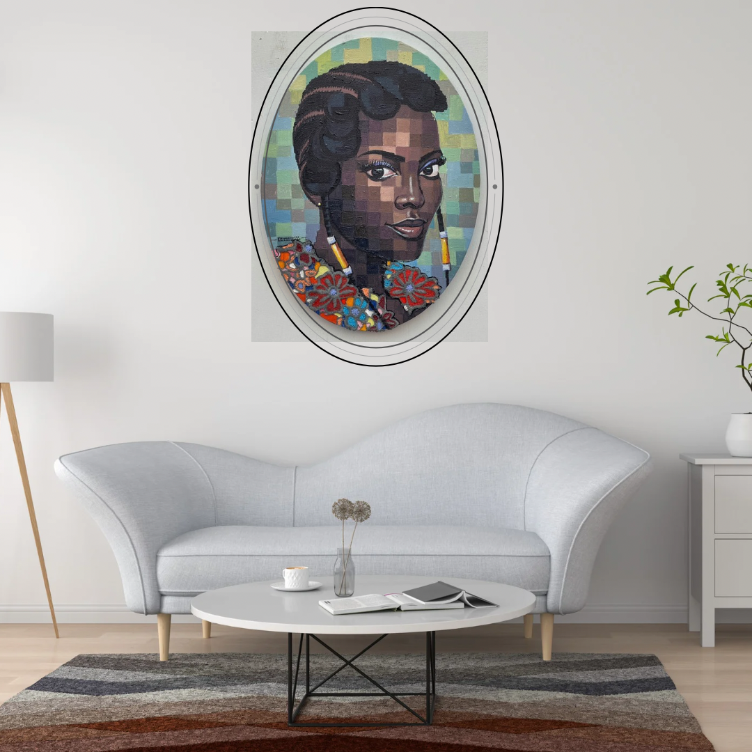A Quiet Bloom IV mixed media painting by Olamilekan Okunade displayed in an oval frame on a grey wall in a modern living room with a white sofa and round coffee table
