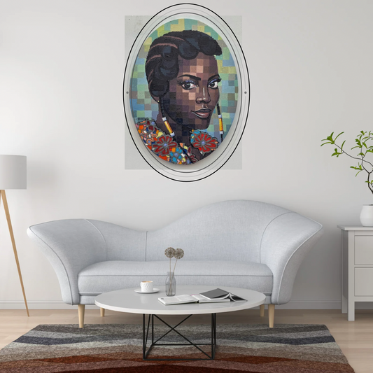 A Quiet Bloom IV mixed media painting by Olamilekan Okunade displayed in an oval frame on a grey wall in a modern living room with a white sofa and round coffee table
