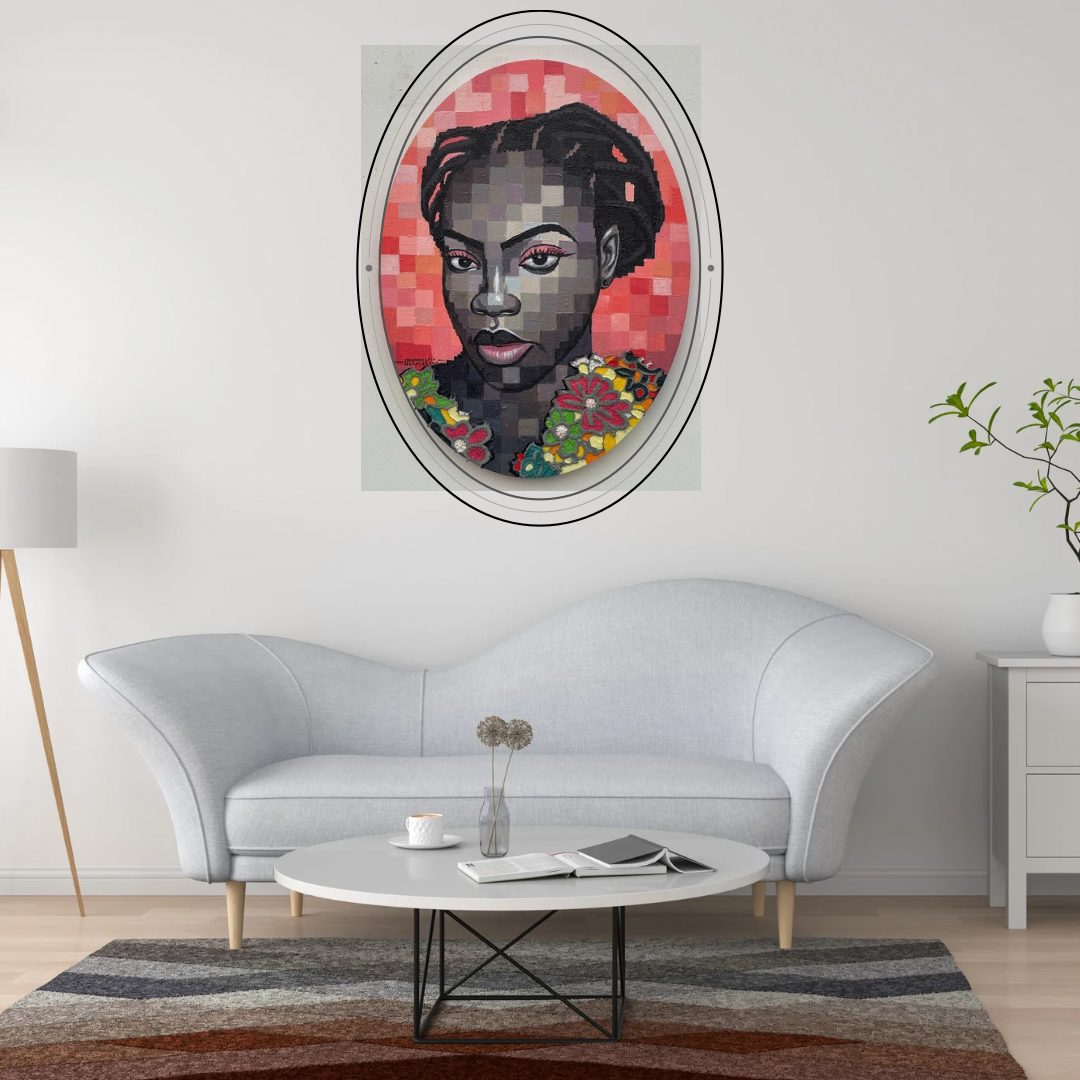 A Quiet Bloom III mixed media painting by Olamilekan Okunade displayed in an oval frame on a grey wall in a modern living room with a white sofa and round coffee table