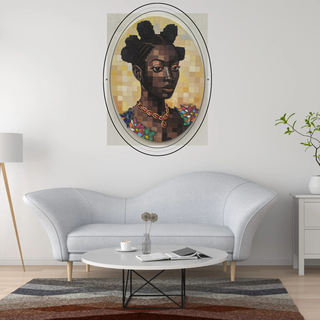 A Quiet Bloom II mixed media painting by Olamilekan Okunade displayed in an oval frame on a grey wall in a modern living room with a white sofa and round coffee table