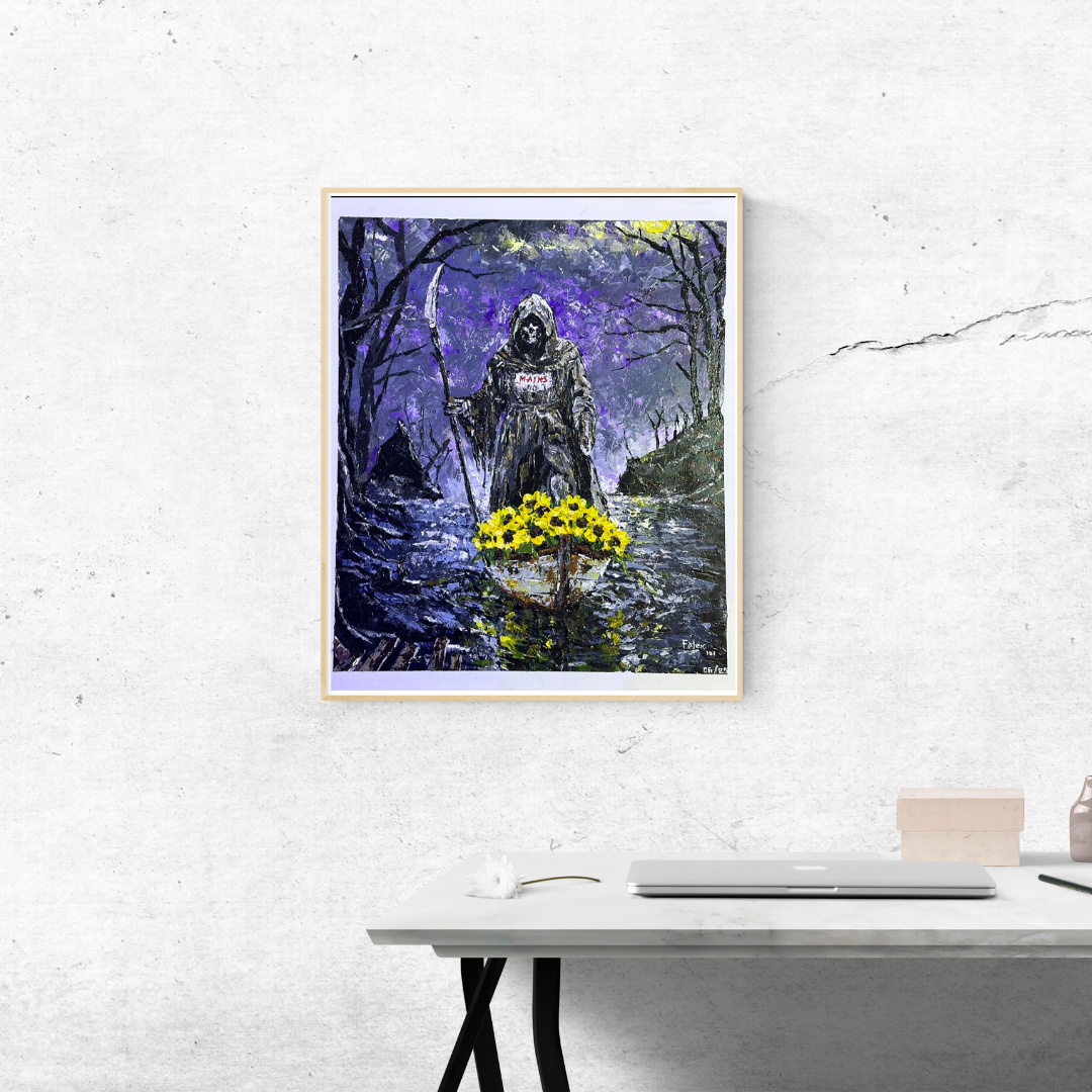 Flowers instead of a Clock painting by Falex displayed in a gold frame on a grey marble wall above a modern white desk with minimalist decor