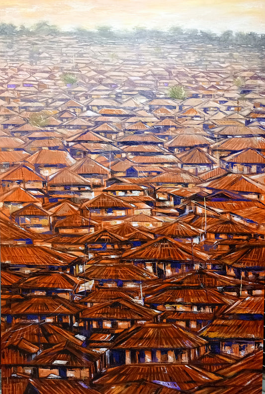 The Brown Roofs (Still Standing) - Original portrait painting by Omoniyi Gilbert - Contemporary African art