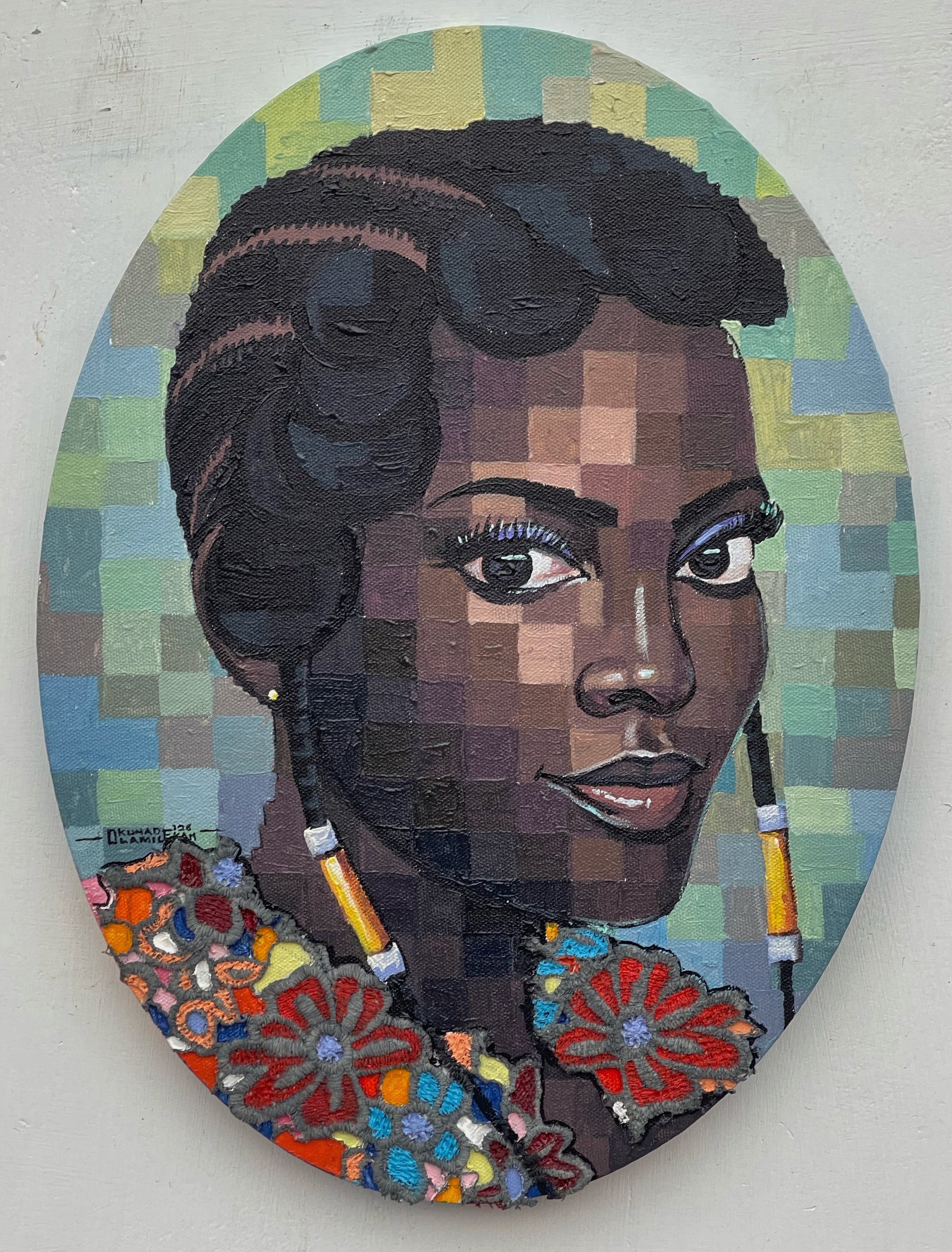 A Quiet Bloom IV acrylic and lace on canvas by Nigerian artist Olamilekan Okunade contemporary African art