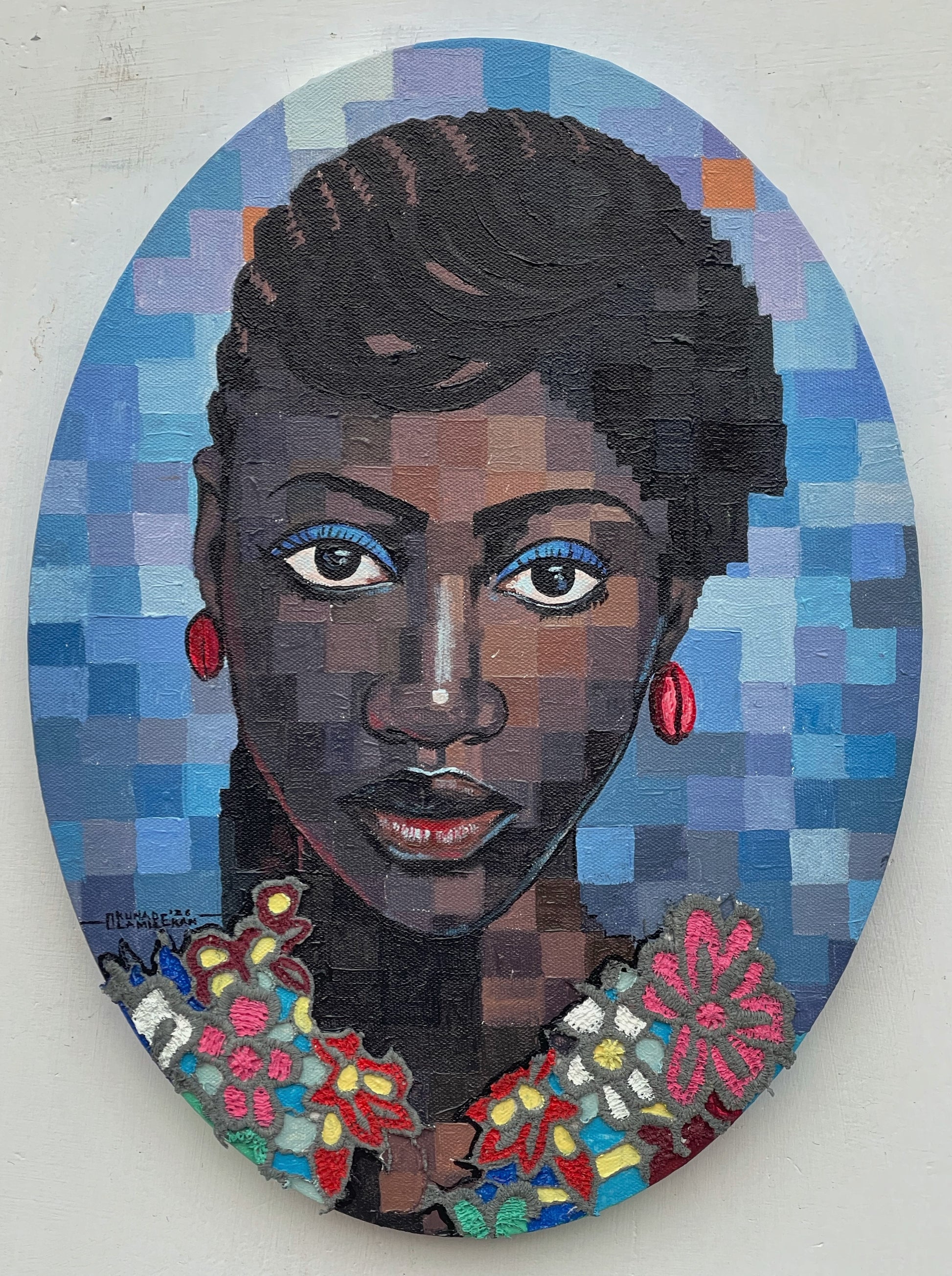 A Quiet Bloom V acrylic and lace on canvas by Nigerian artist Olamilekan Okunade contemporary African art