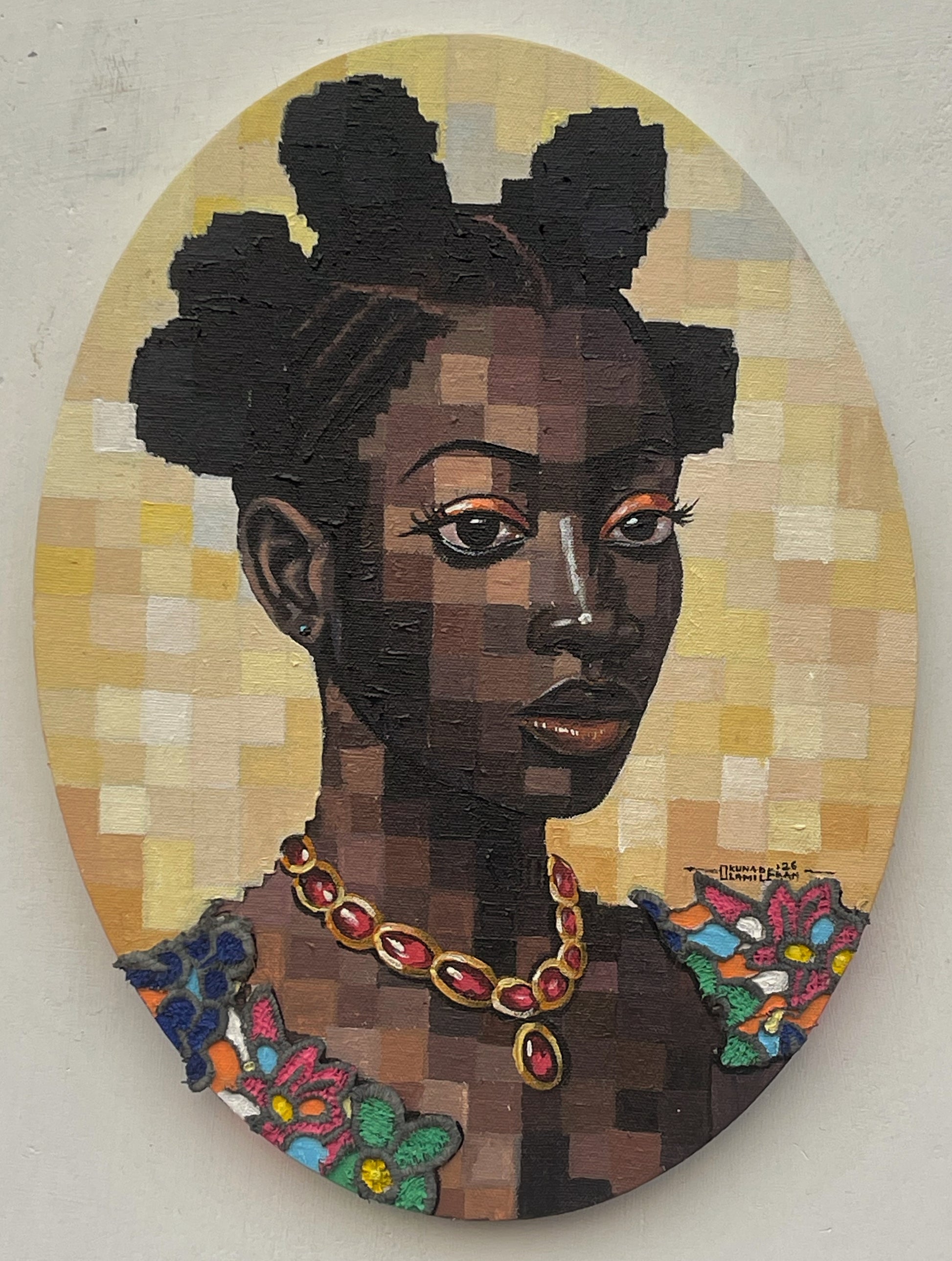 A Quiet Bloom II acrylic and lace on canvas by Nigerian artist Olamilekan Okunade contemporary African art