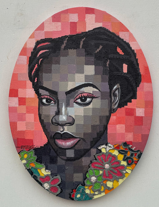 A Quiet Bloom III acrylic and lace on canvas by Nigerian artist Olamilekan Okunade contemporary African art