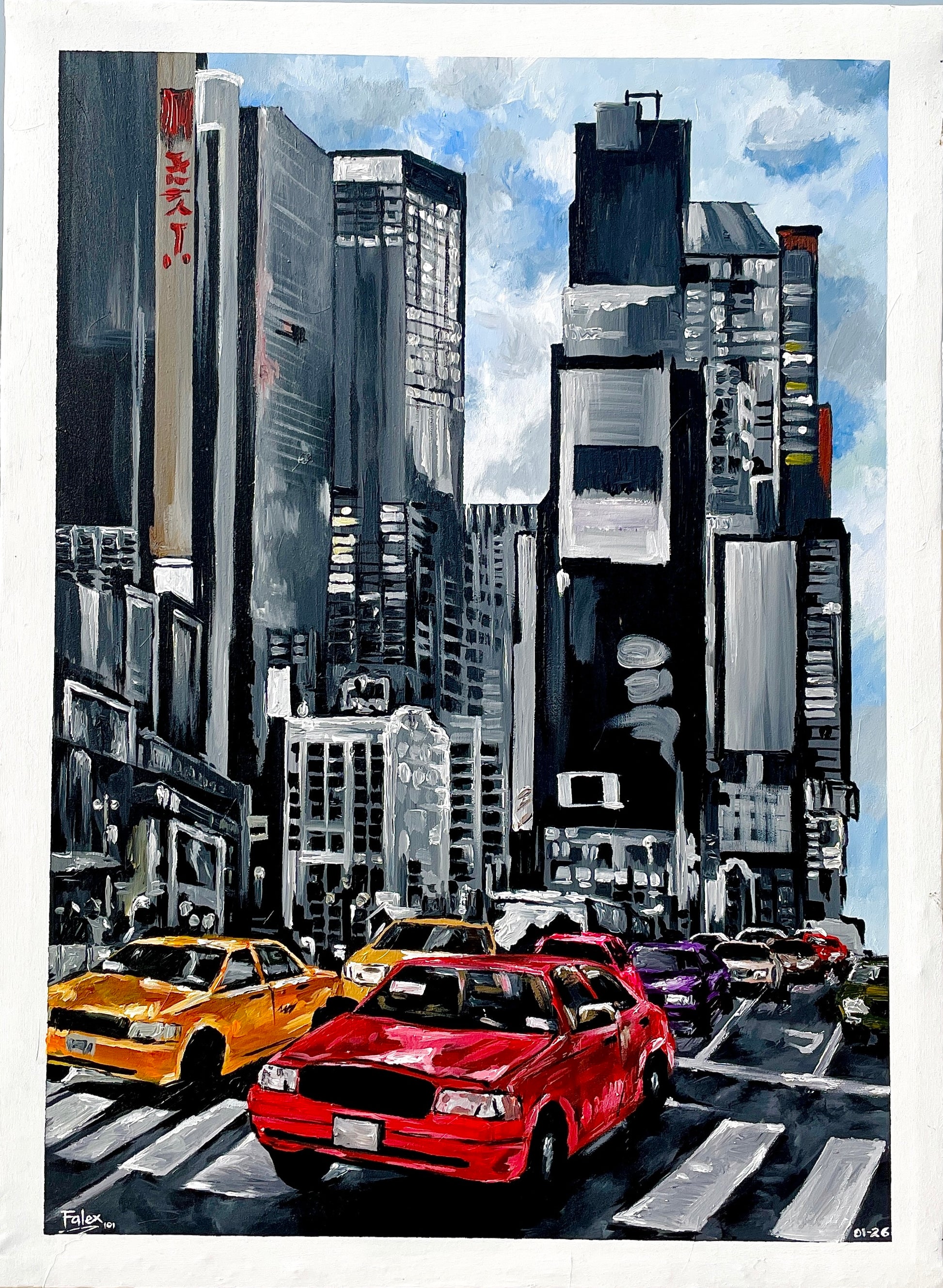 Acrylic painting of a bustling city street with tall skyscrapers, yellow taxis, and a red car waiting in traffic by Nigerian artist Falex