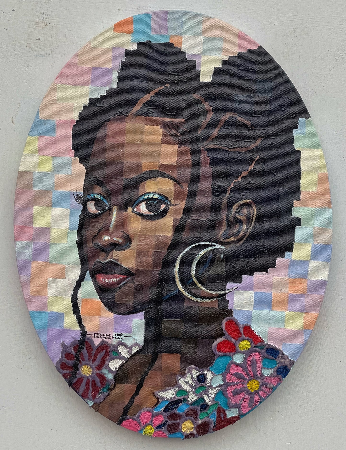 A Quiet Bloom I acrylic and lace on canvas by Nigerian artist Olamilekan Okunade contemporary African art