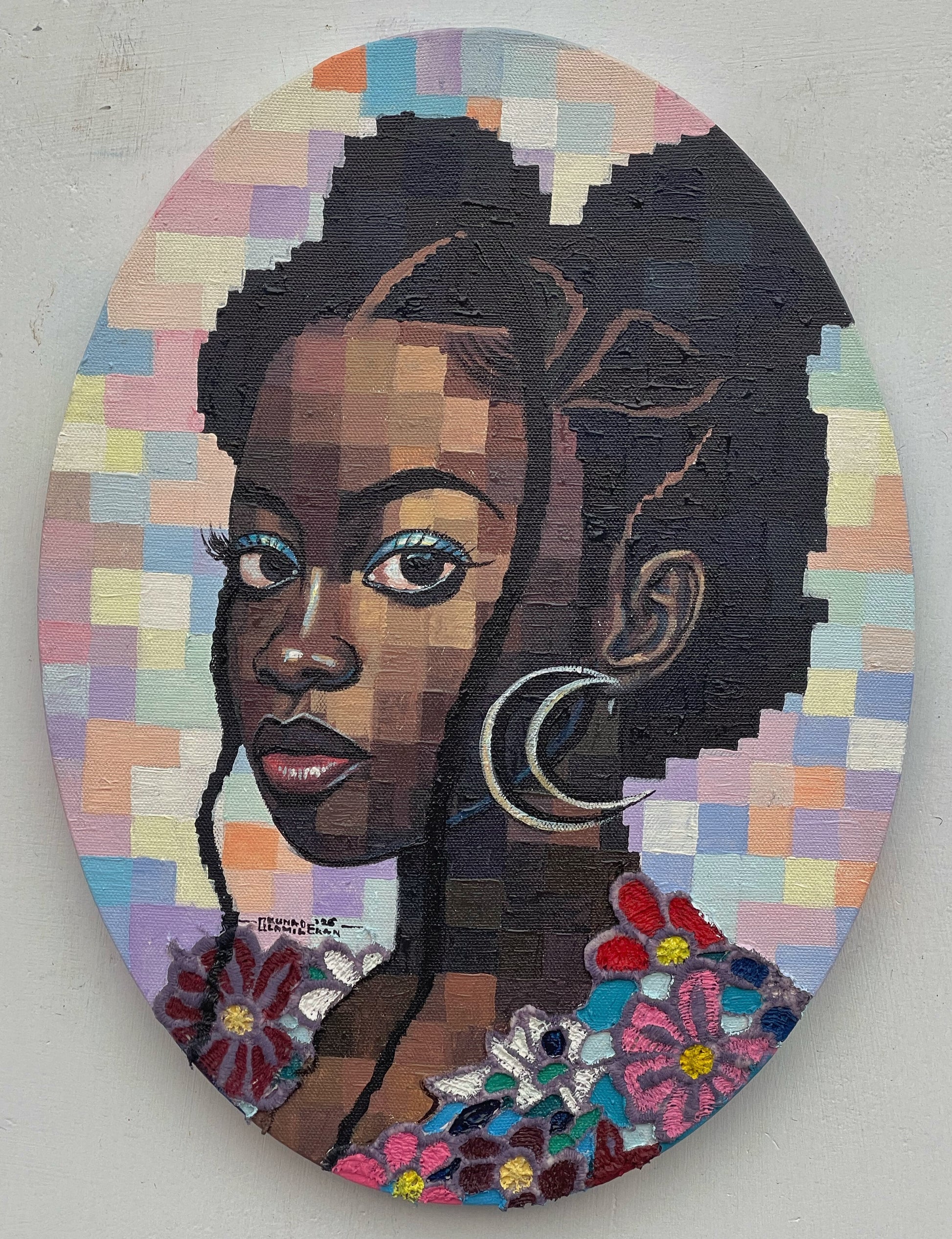 A Quiet Bloom I acrylic and lace on canvas by Nigerian artist Olamilekan Okunade contemporary African art