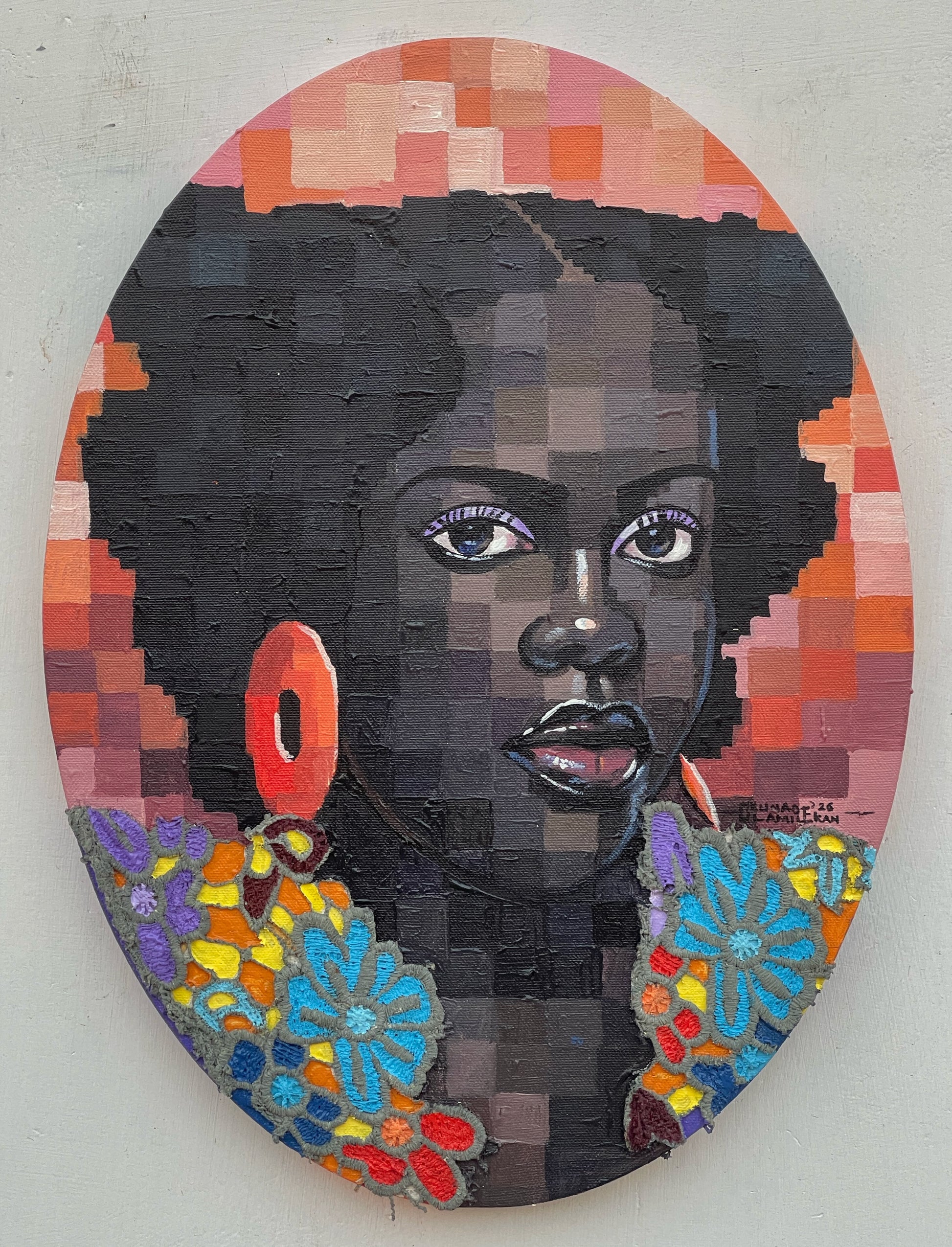 A Quiet Bloom VI acrylic and lace on canvas by Nigerian artist Olamilekan Okunade contemporary African art
