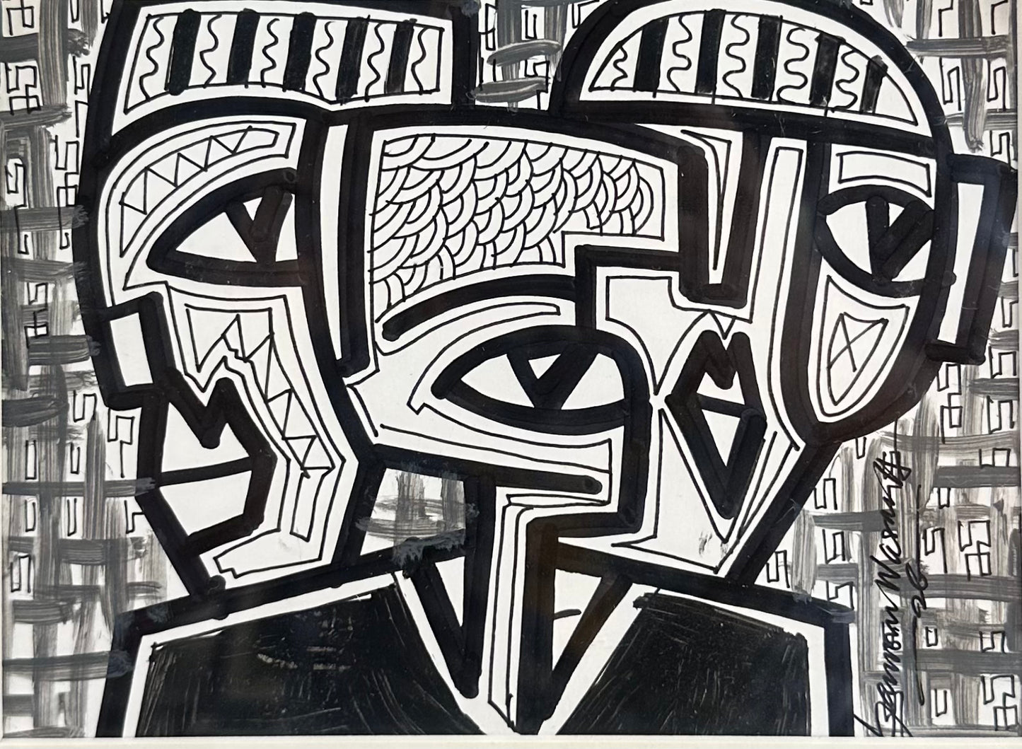 Abstract black and white artwork with geometric patterns on a textured background