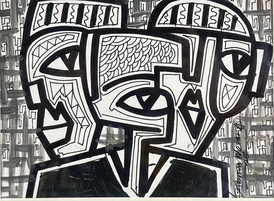 Abstract black and white artwork with geometric patterns on a textured background