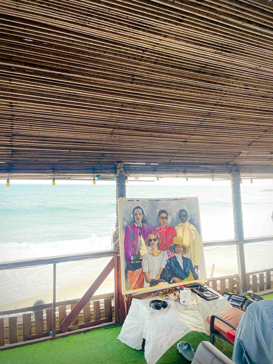 Aurae painting by Falex displayed on easel in scenic setting contemporary African art