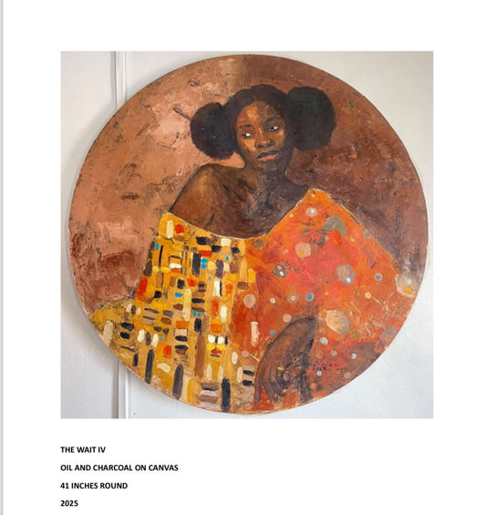 A round oil and charcoal painting on canvas featuring a stylized portrait of a woman with dark hair in a patterned dress, shown against a white background with text below reading 'THE WAIT IV' and 'OIL AND CHARCOAL ON CANVAS 41 INCHES ROUND 2025'.