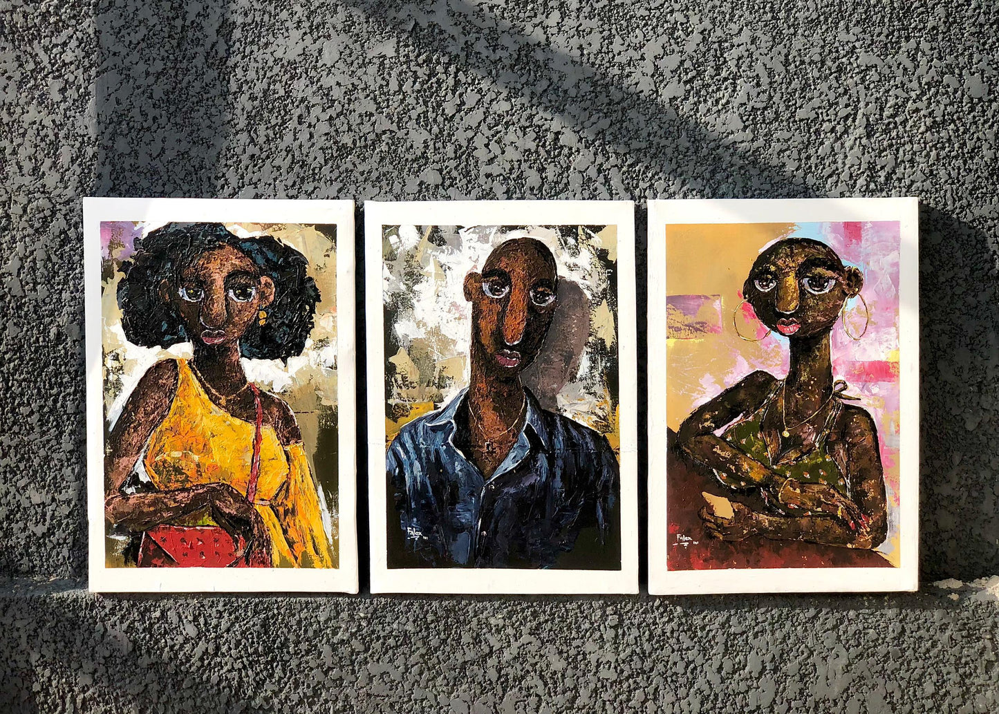 Less Human (3-Panel set) acrylic on canvas by Nigerian artist Falex contemporary African art