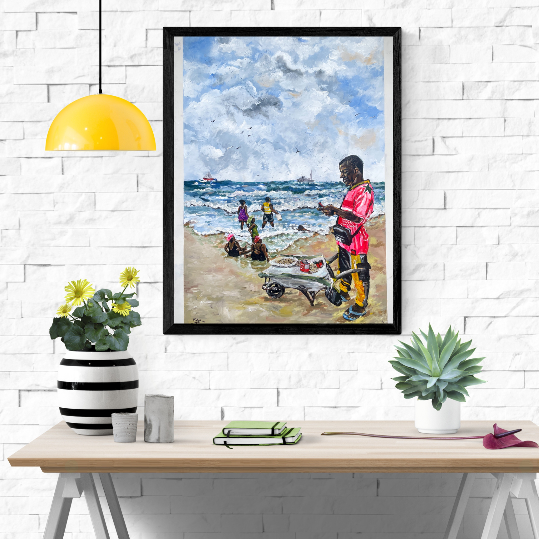 Confirmation painting by Falex displayed in a black frame on a white brick wall above a wooden table with decorative plants and a yellow pendant lamp