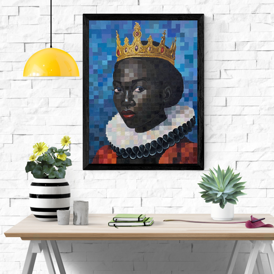 Crown of Union II painting by Olamilekan Okunade displayed in a black frame on a white brick wall above a wooden table with decorative plants and a yellow pendant lamp