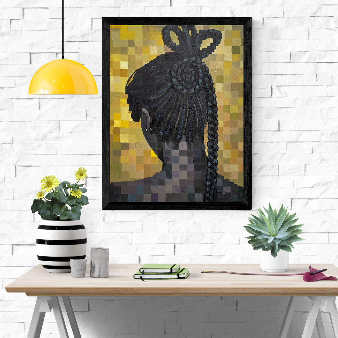 Crown of Union III painting by Olamilekan Okunade displayed in a black frame on a white brick wall above a wooden table with decorative plants and a yellow pendant lamp