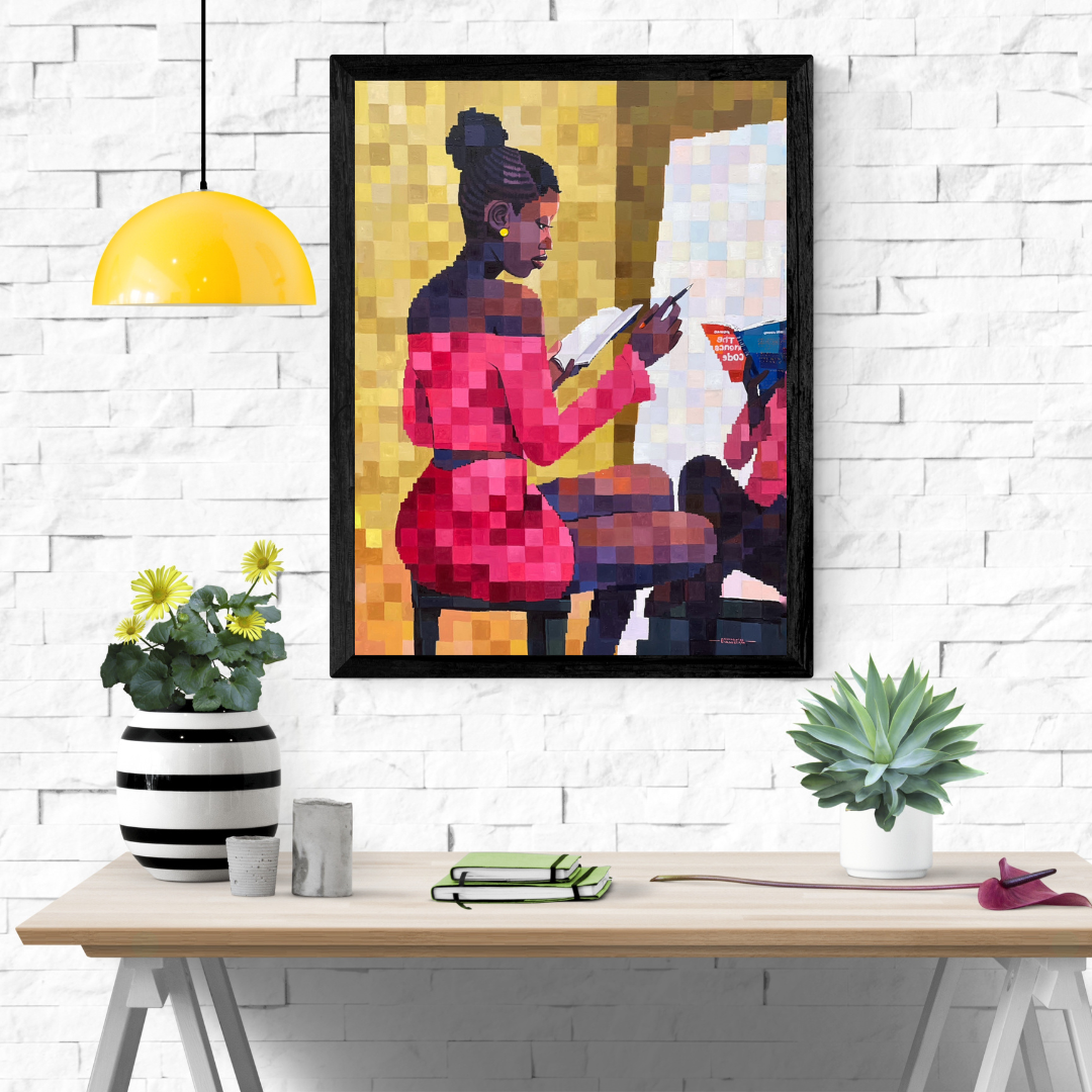 The One Who Paints Her Future painting by Olamilekan Okunade displayed in a black frame on a white brick wall above a wooden table with decorative plants and a yellow pendant lamp