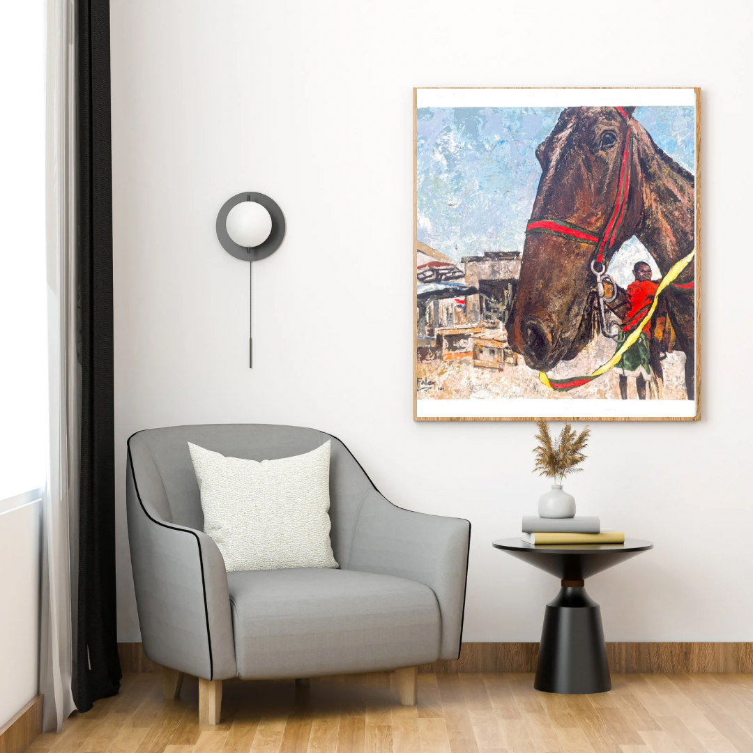 Spiritual Healing painting by Falex displayed in a white frame on a dark wall in a modern living room with a grey armchair, black side table, and wall sconce