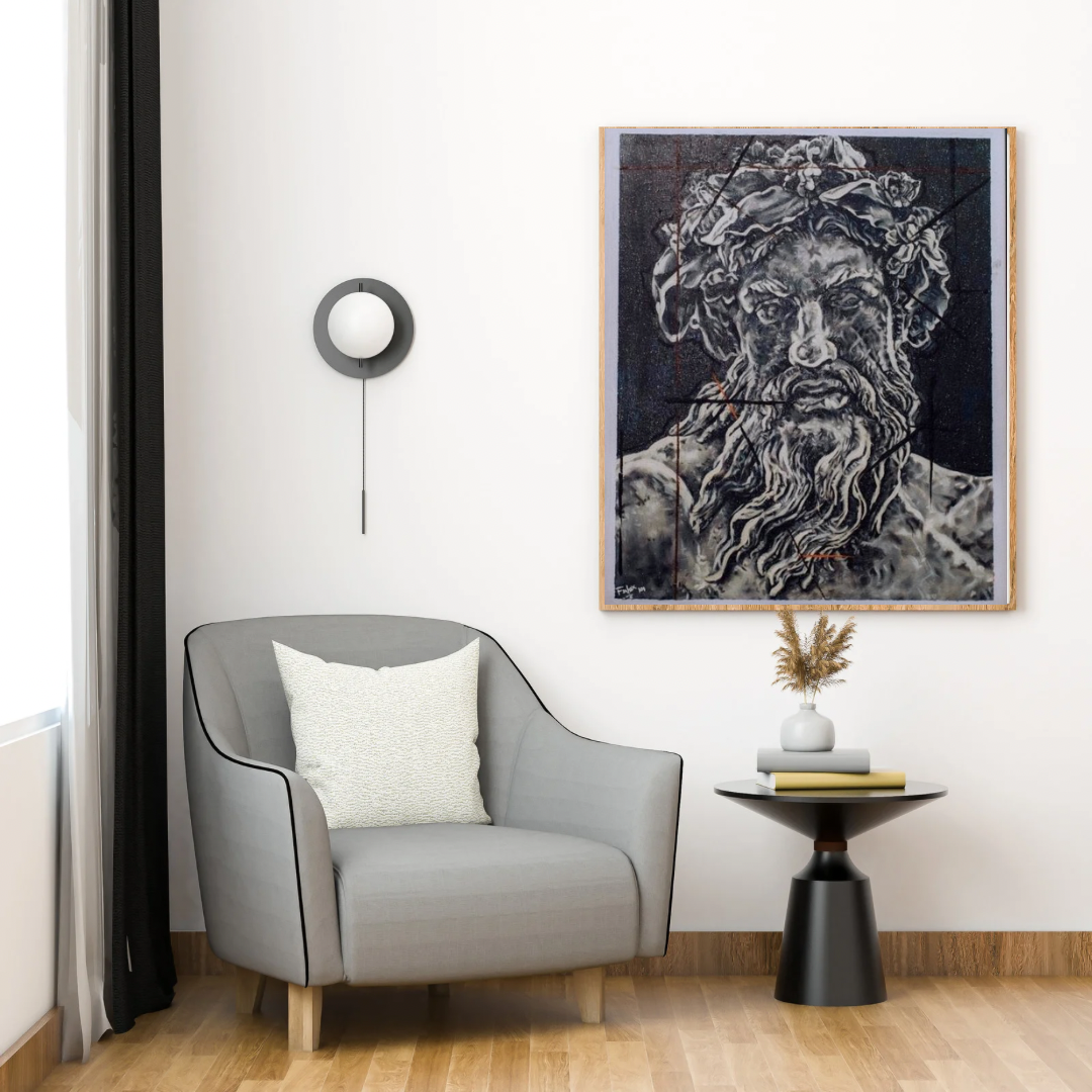 Zeus Luxury art painting by Falex displayed in a wooden frame on a dark wall in a modern living room with a grey armchair, black side table, and wall sconce