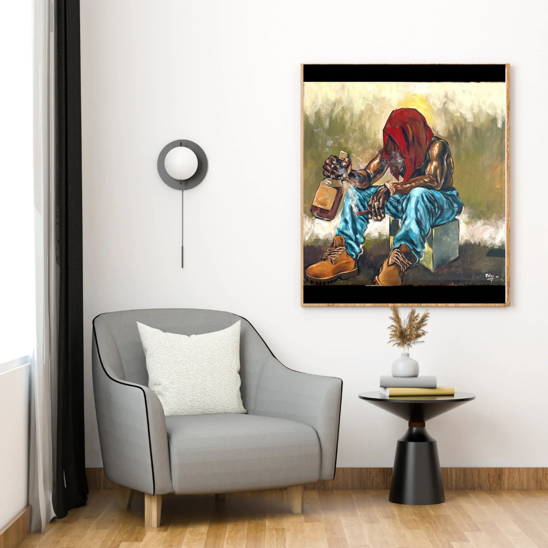 Heart with weight painting by Falex displayed in a white frame on a dark wall in a modern living room with a grey armchair, black side table, and wall sconce