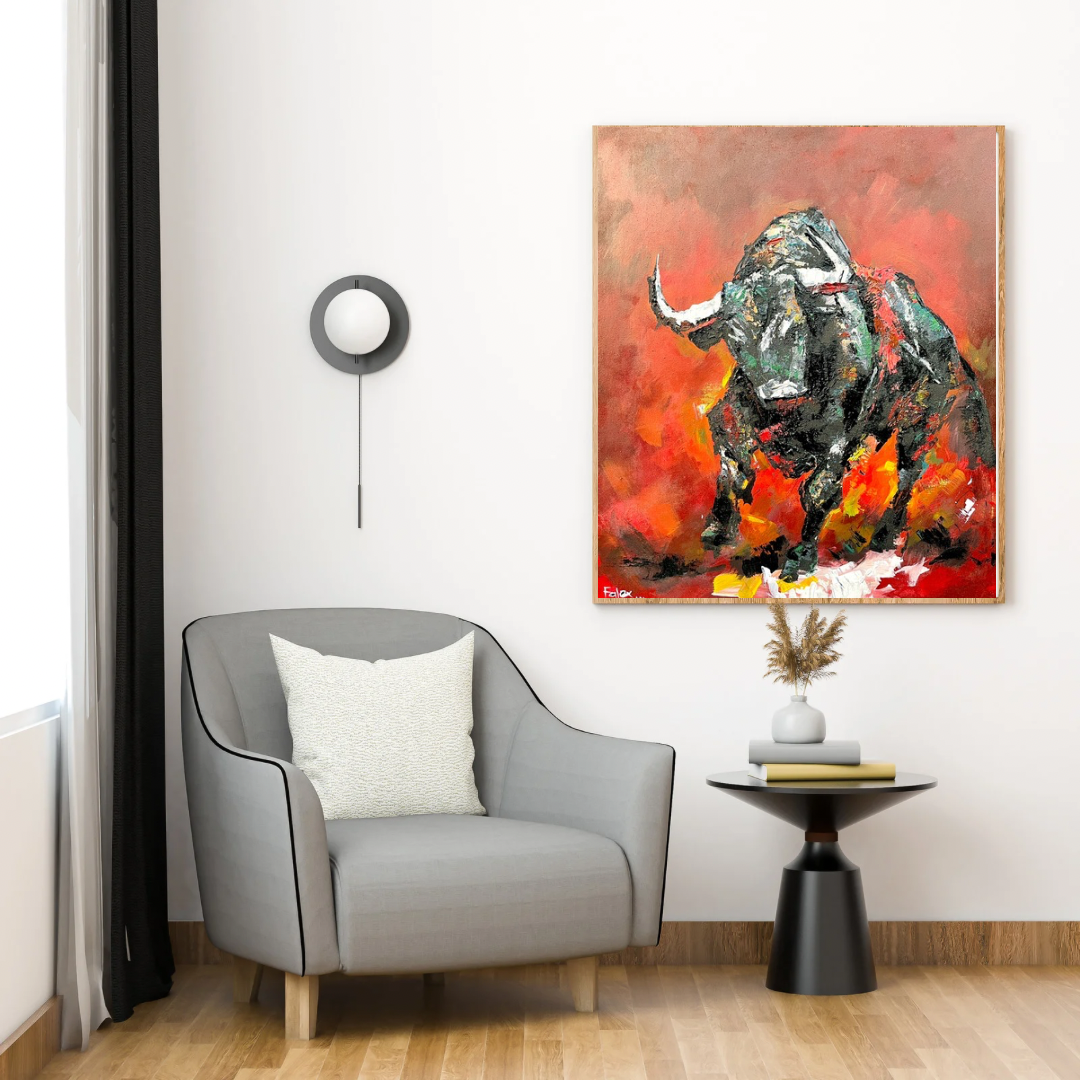 Vigor painting by Falex displayed in a white frame on a dark wall in a modern living room with a grey armchair, black side table, and wall sconce