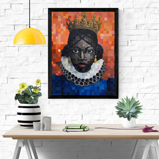 Crown of Union I painting by Olamilekan Okunade displayed in a black frame on a white brick wall above a wooden table with decorative plants and a yellow pendant lamp