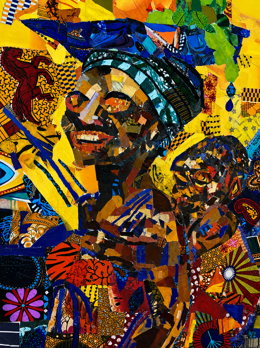 Abiyamo (Motherhood)— African Abstract Wall Art, Original Fabric on Canvas Artwork by Don Saladin Generis