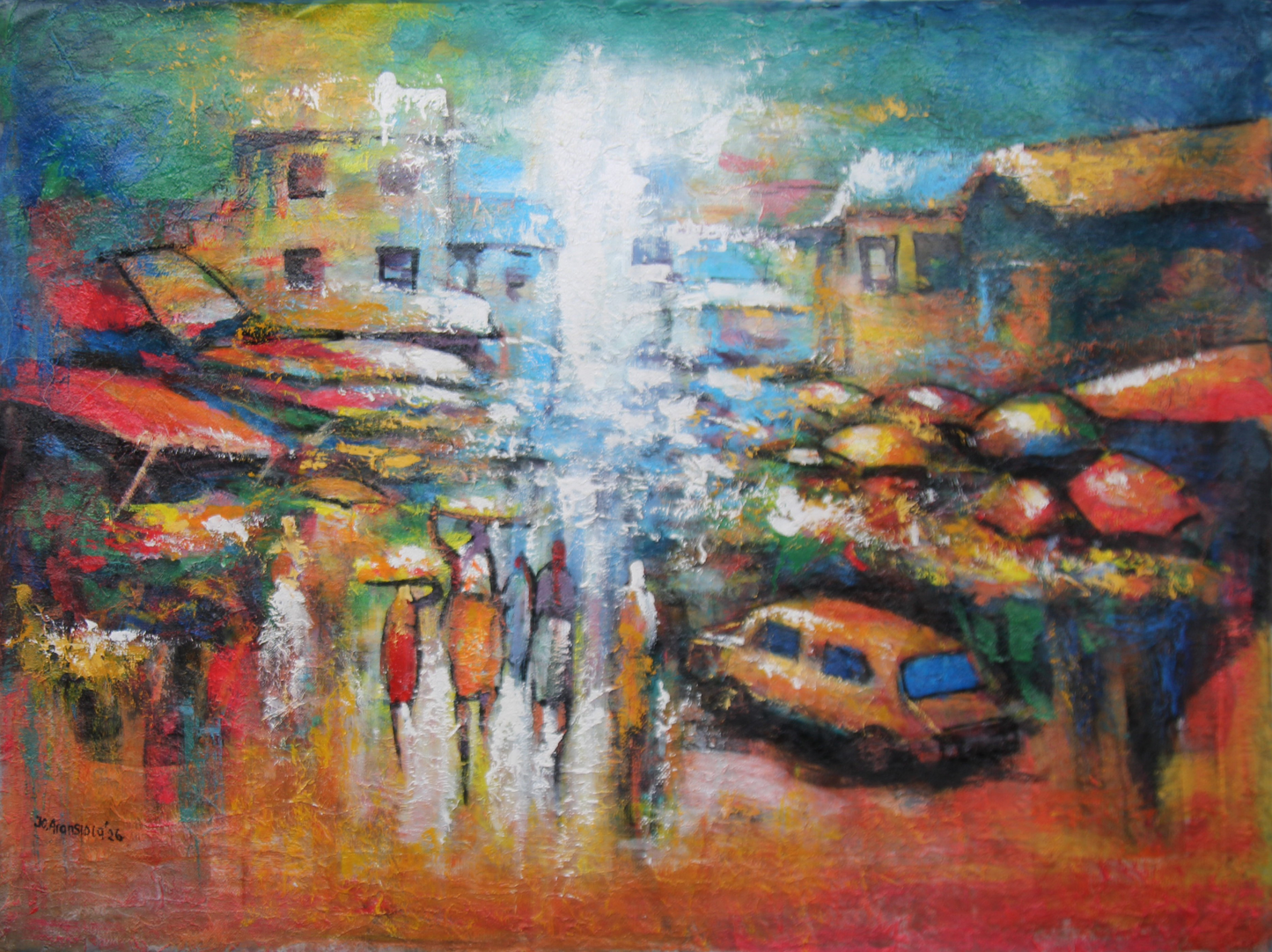 Hawkers in the street — African Abstract Canvas Wall Art, Original Acrylic Painting by Joseph Aransiola