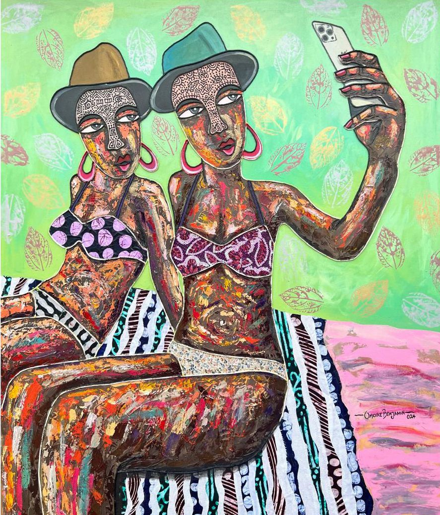 Selfie Baddies by Benjamin Omoike. African Living Room Art. Original Mixed Media art by Benjamin Omoike.